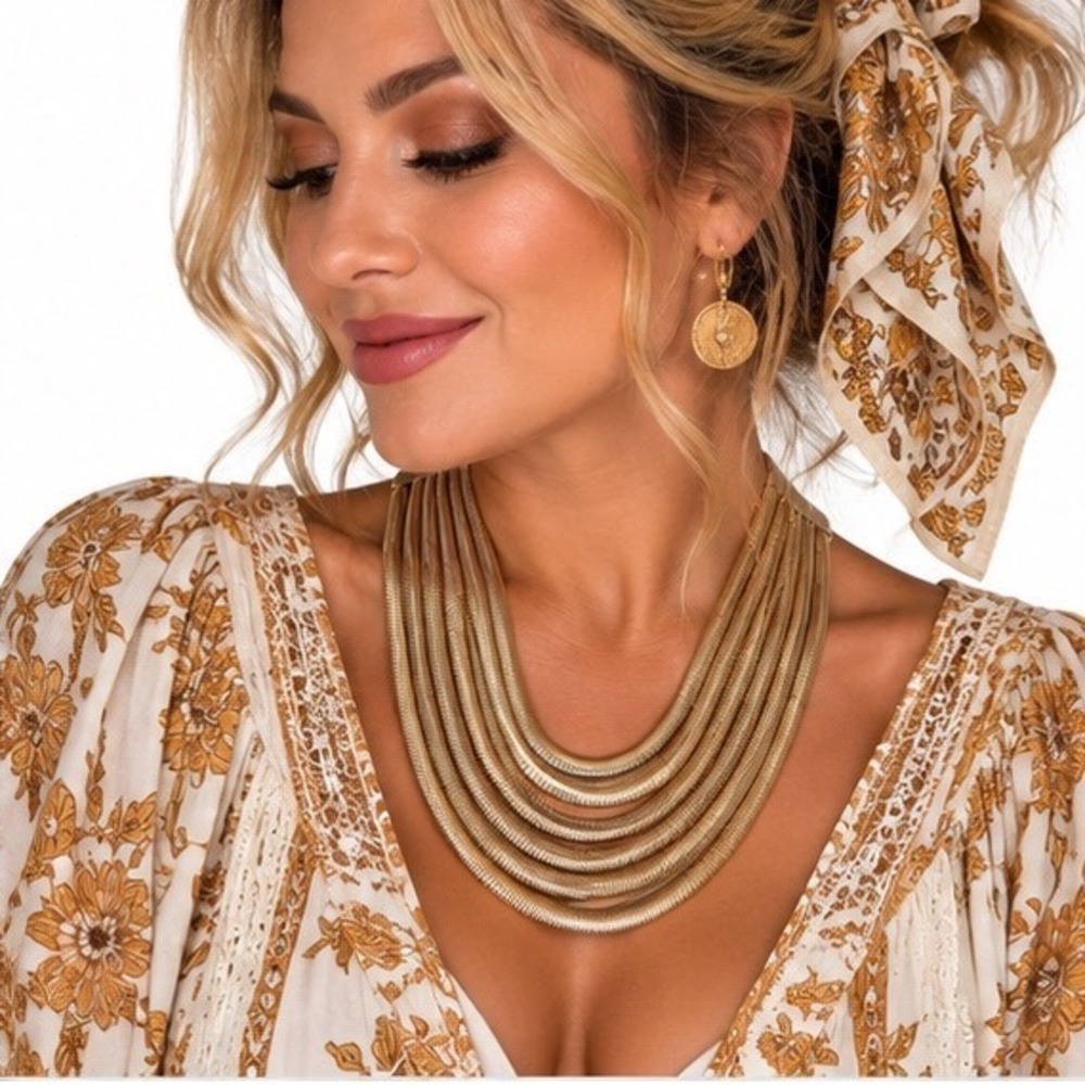 Golden Multi Strand Snake Chain Bib Statement Necklace Layered Chunky Collar